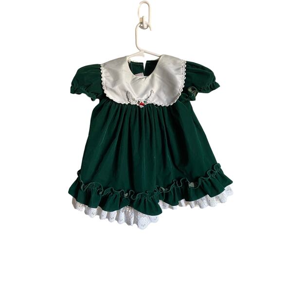 Vintage Hugs and Kisses Green Velvet Girls Dress - Picture 2 of 12